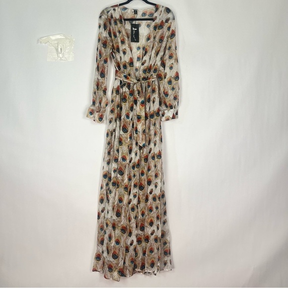 Long Sleeves Cream Peacock Feathers Plunging Neck High Slit Dress Sz Large NWT - Picture 4 of 9